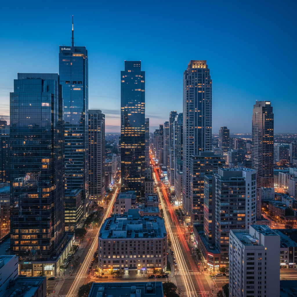 Night city skyline photo from a rooftop viewpoint with light trails