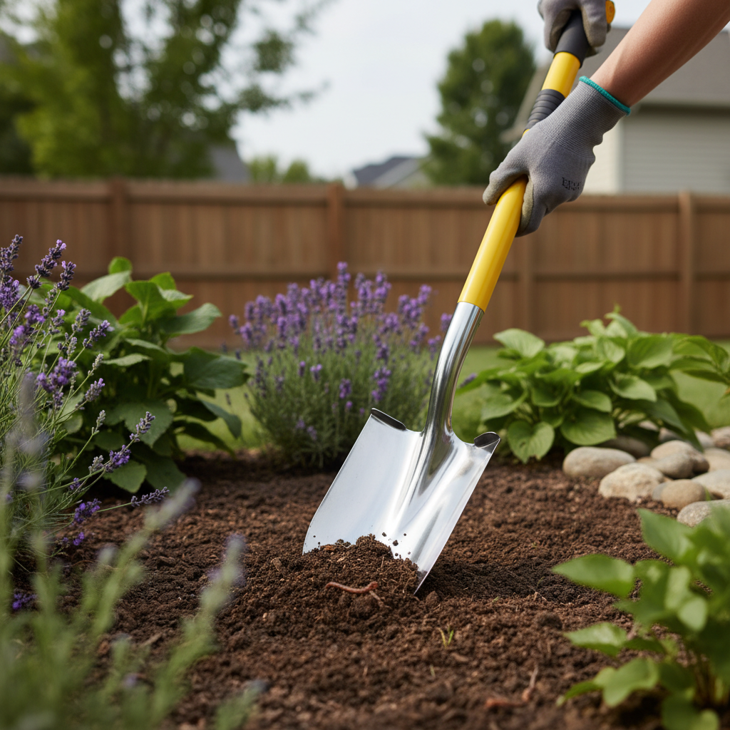 Round point digging shovel cutting into garden soil