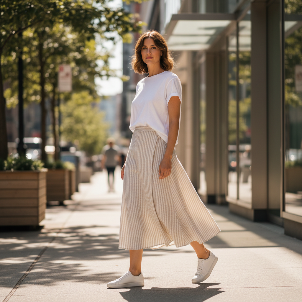 Casual outfit with a women wrap midi skirt styled with a tee and sneakers