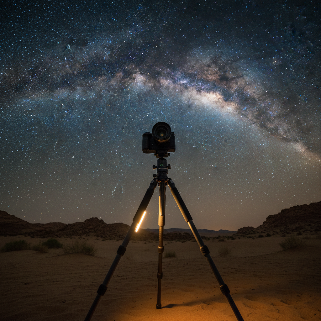 Milky Way landscape setup at a dark-sky location with tripod
