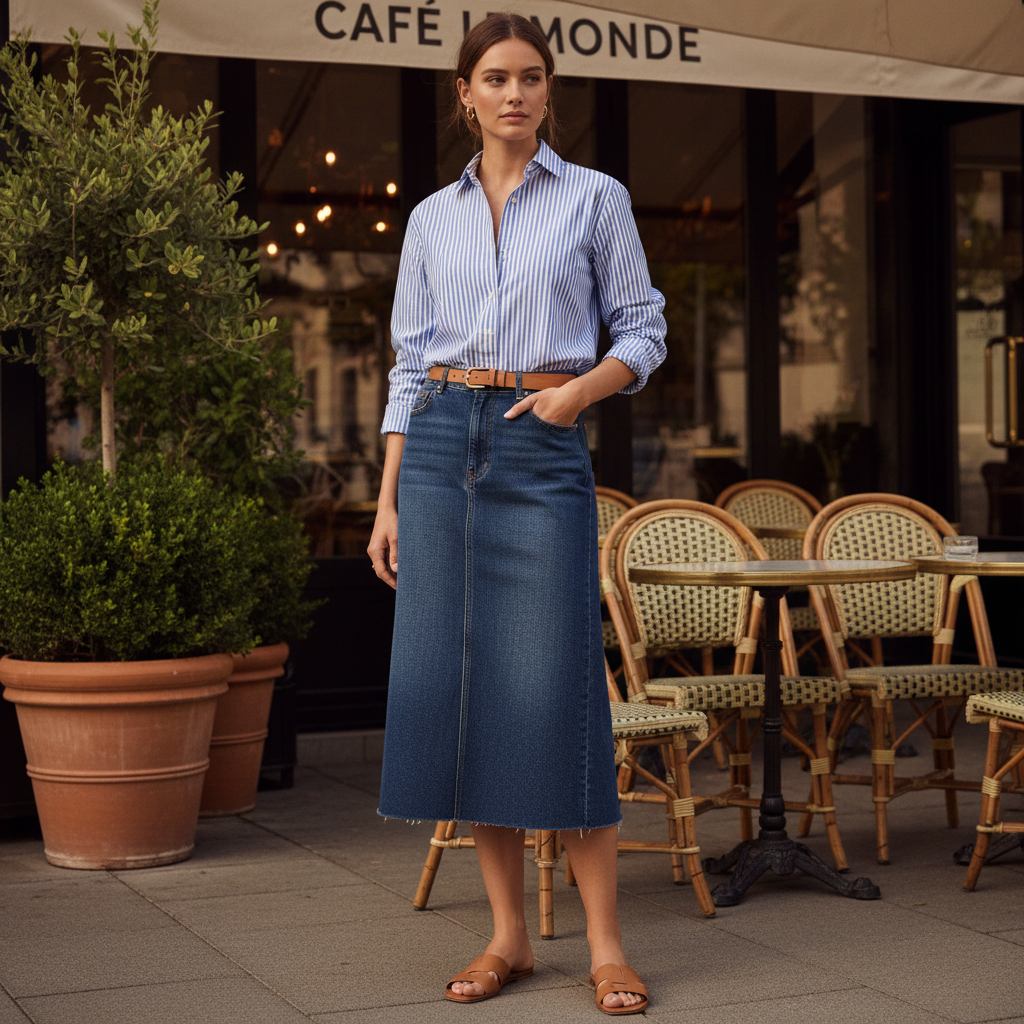 Denim midi skirt outfit with button-down shirt and sandals