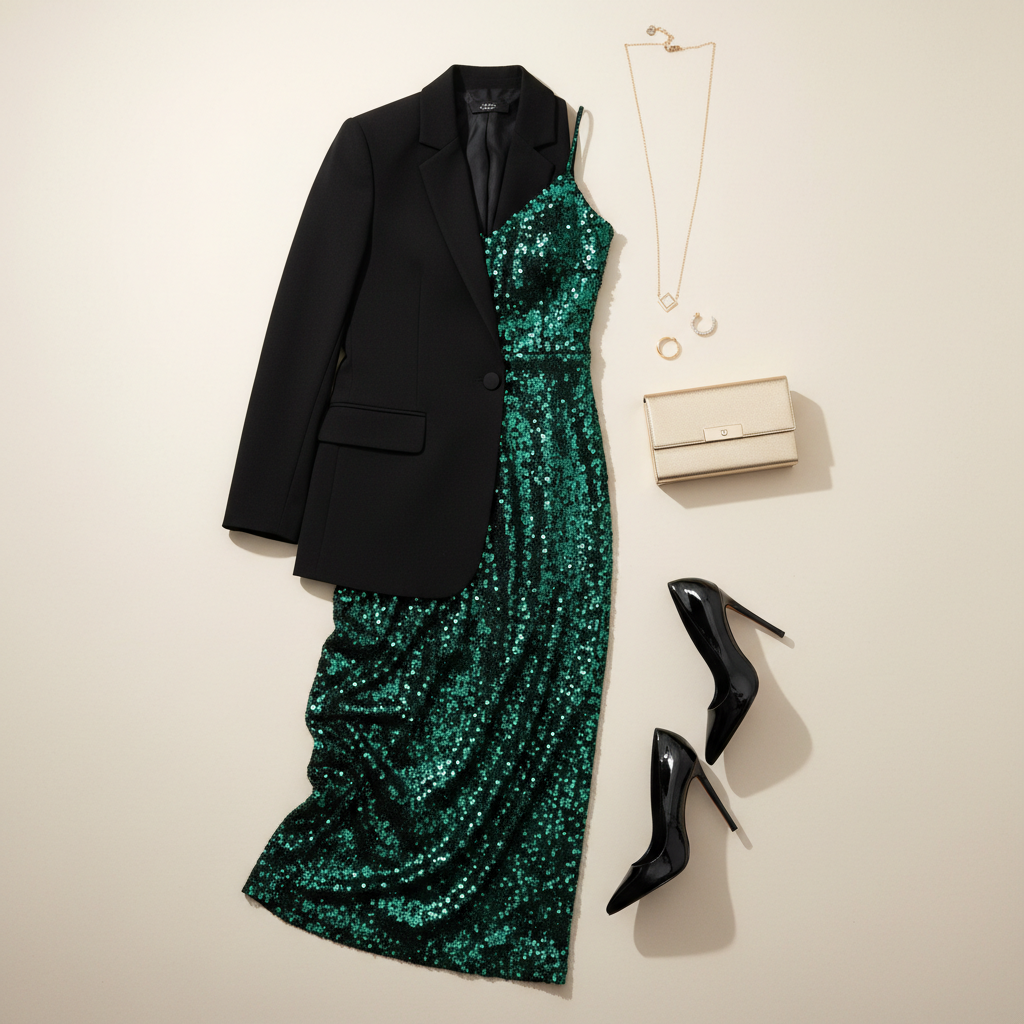 Styled sequin holiday dress outfit with blazer, heels, clutch, and minimal jewelry
