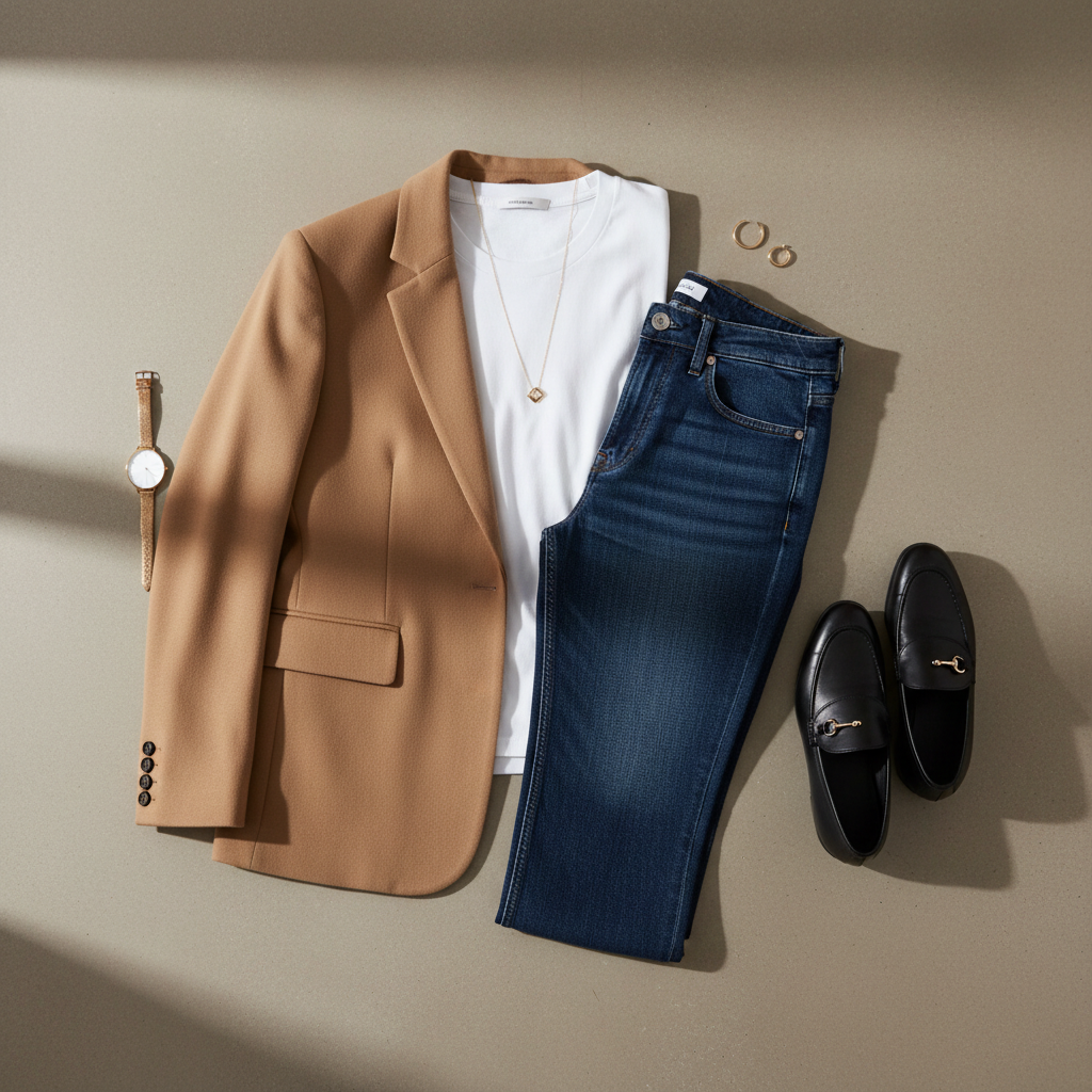 Elevated basic outfit with white tee, straight-leg jeans, blazer, and loafers
