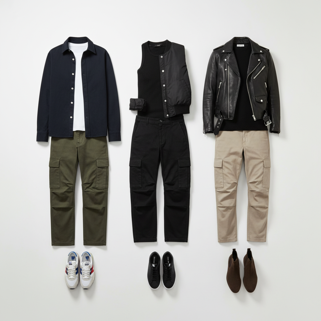 Three cargo pants outfits laid out flat for styling ideas