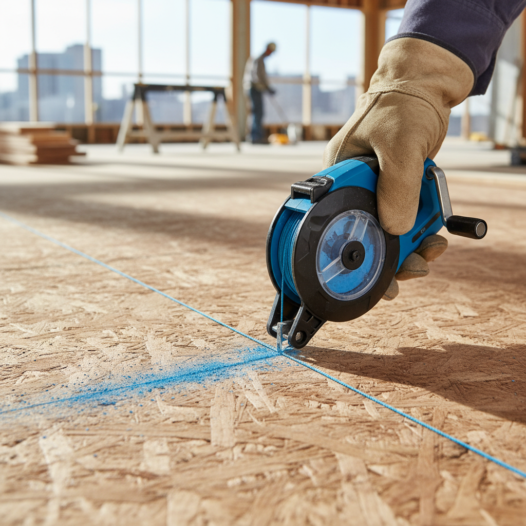 Contractor snapping a chalk line reel for construction layout on plywood subfloor