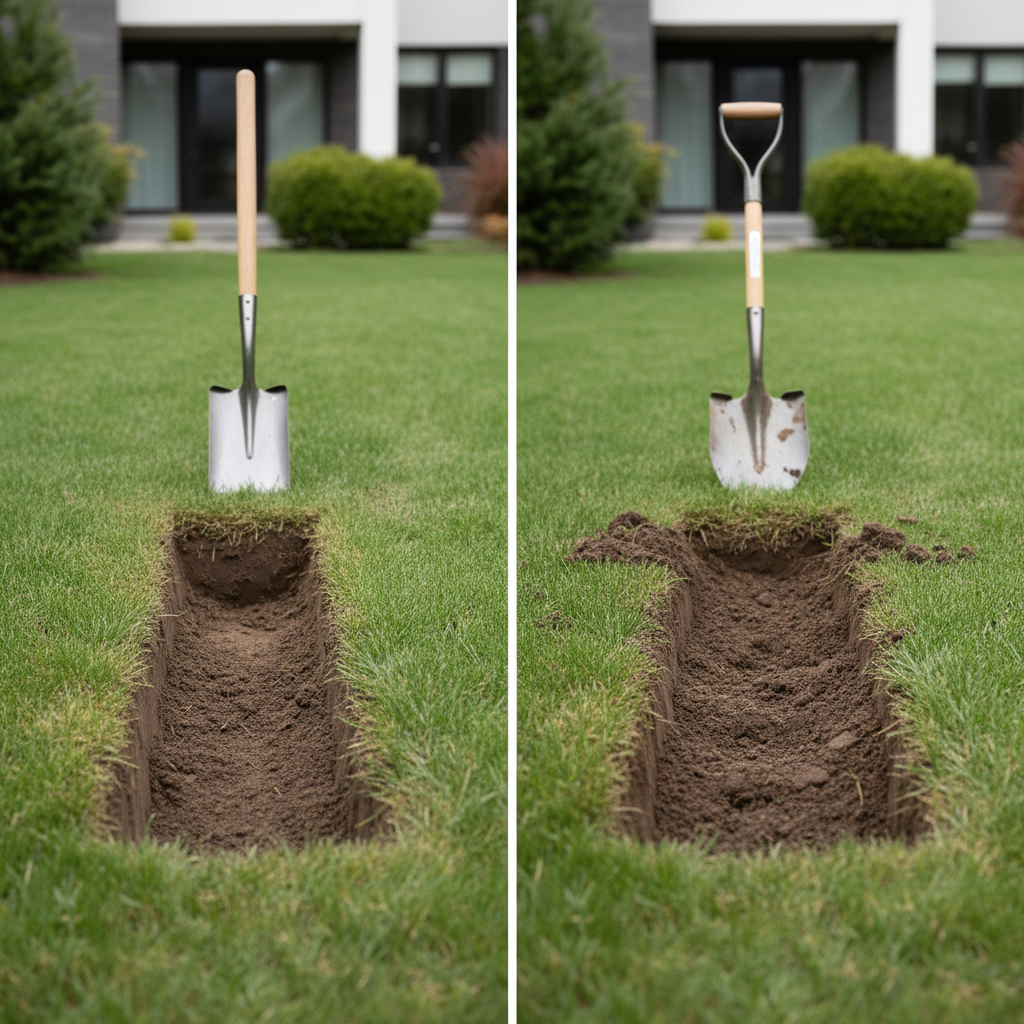 Comparison of narrow drain spade versus standard shovel trench width