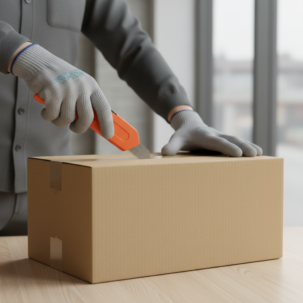 Proper technique for opening a shipping box using a safety cutter at a shallow angle