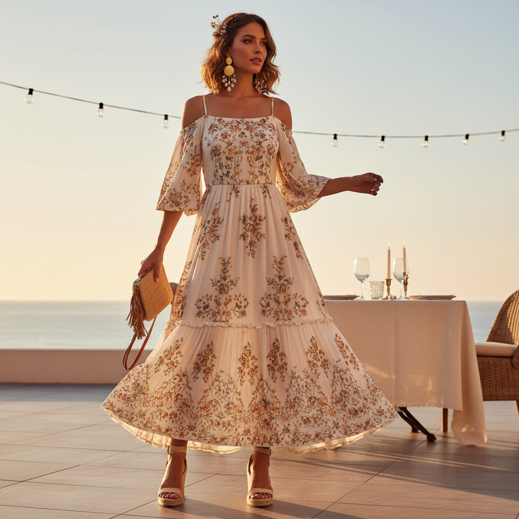 Boho maxi dress styled for summer date night with wedges and statement earrings