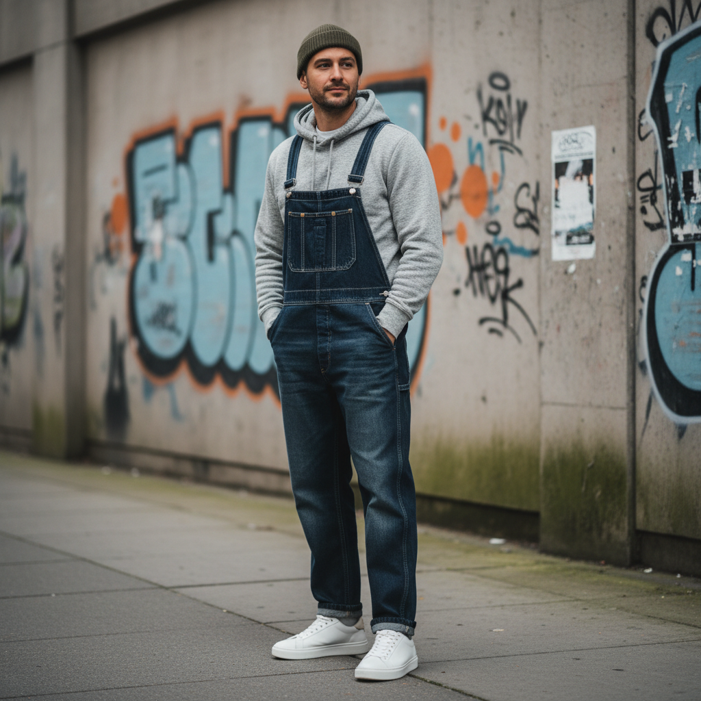 Men wearing denim overalls styled as modern streetwear with hoodie and sneakers