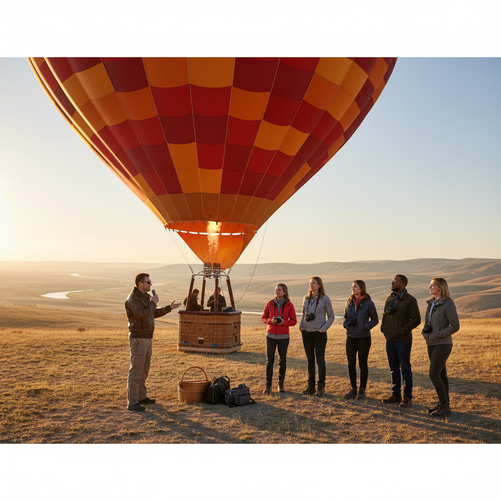 Balloon pilot briefing passengers before a sunrise flight
