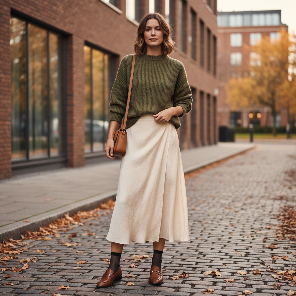 Casual fall outfit with a midi wrap skirt, knit sweater, and loafers
