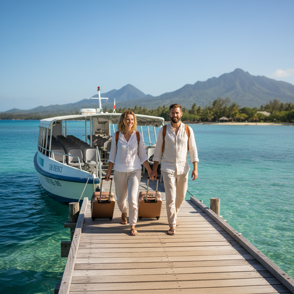 Couple boarding a ferry for island hopping in a tropical destination