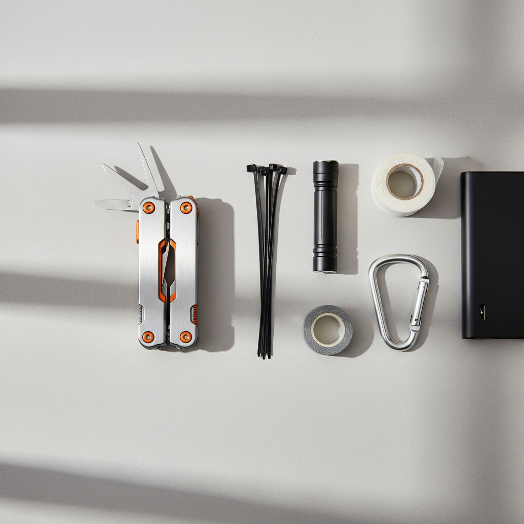 Handy travel multi tool and essential emergency gear laid out for a trip