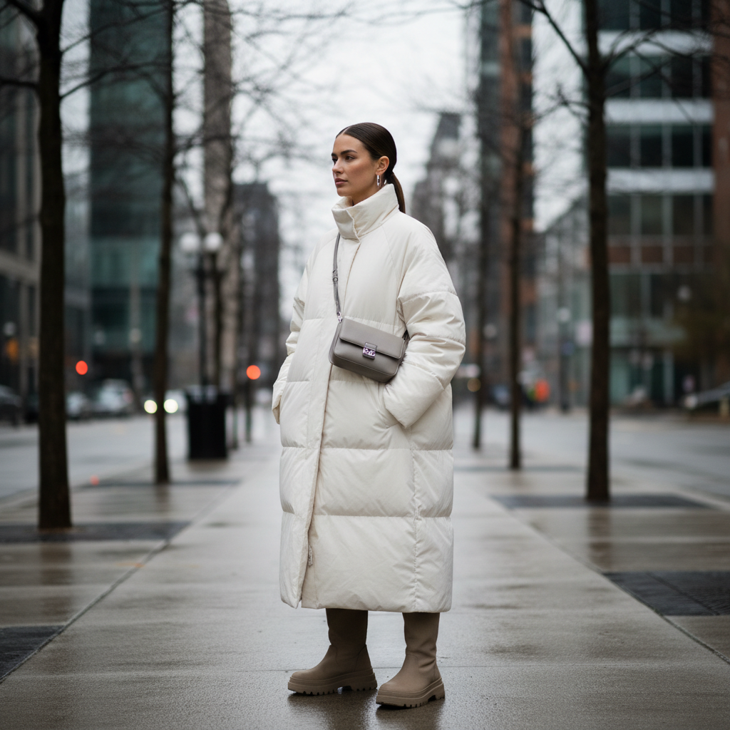 Street style winter outfit with a down coat and clean proportions