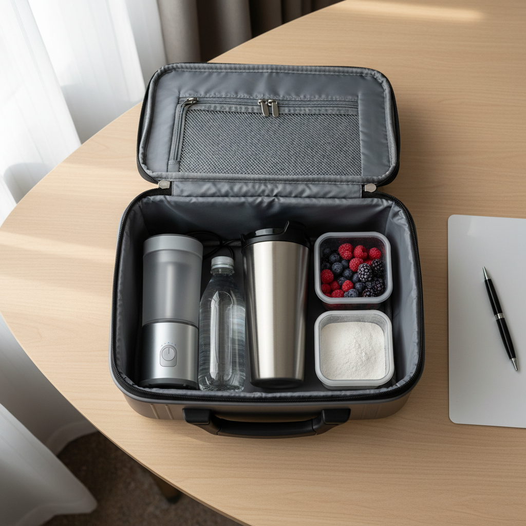 Portable blender and smoothie ingredients packed for travel in a carry-on bag