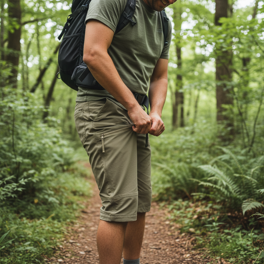 Traveler switching convertible pants from pants to shorts on a trail