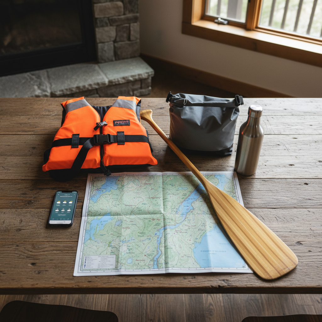 Canoe trip planning checklist with map, PFD, paddle, and dry bag on table