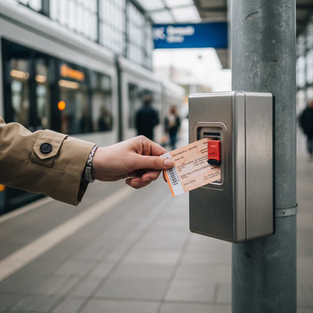 Close-up of validating a transit ticket at a platform machine