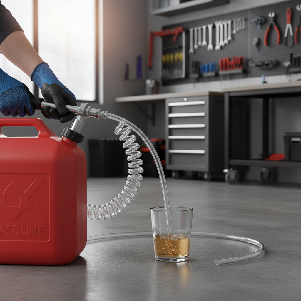 Hand siphon pump liquid transfer setup for fuel and water in a garage