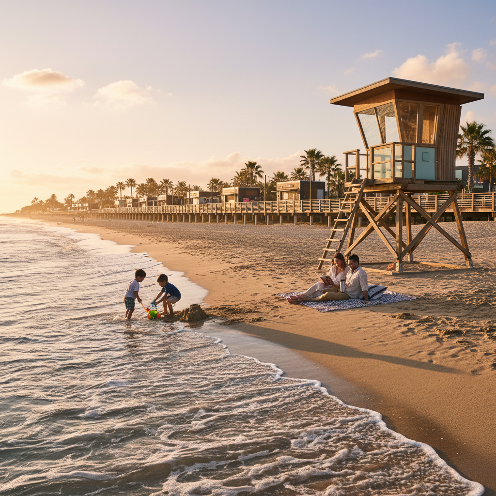 Calm family beach with lifeguard stand and boardwalk amenities
