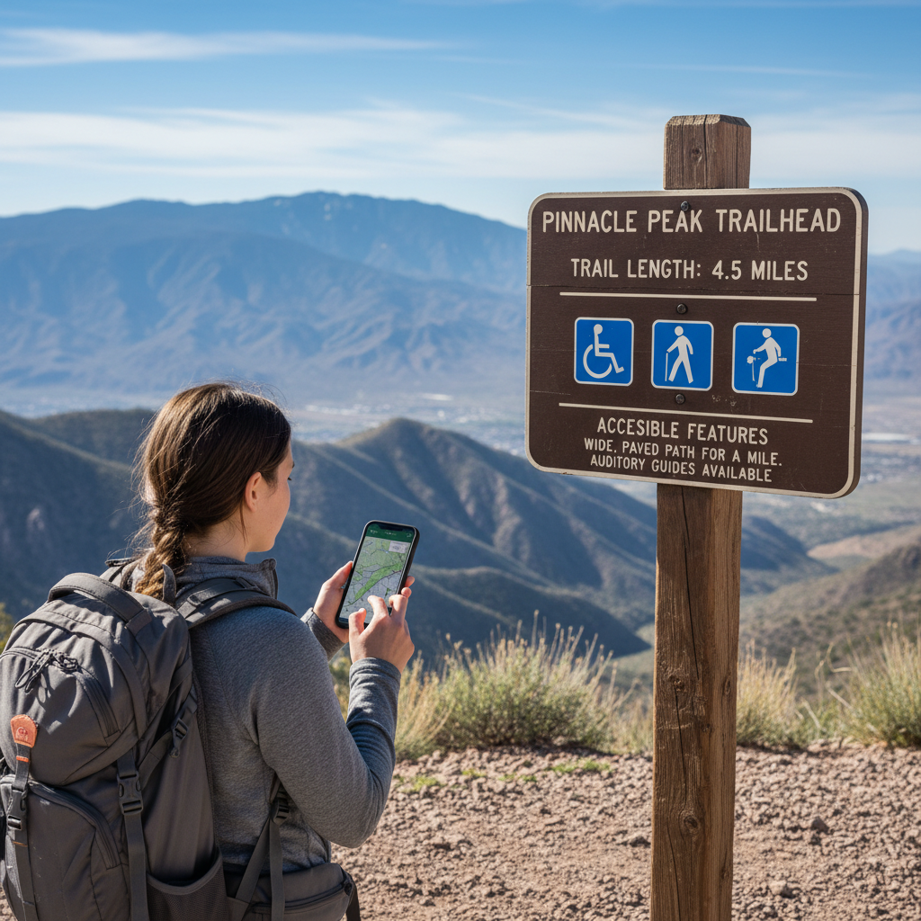 Traveler checking accessibility details on map app near trailhead sign