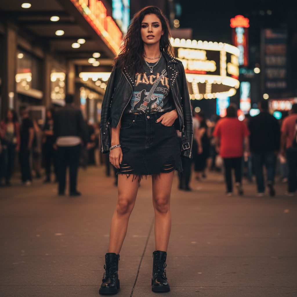 Edgy trendy women concert outfit inspiration with leather jacket and boots