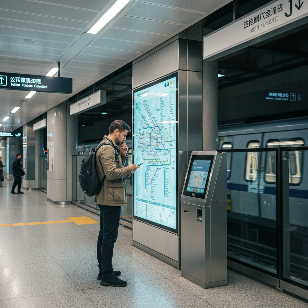 Tourist using a metro map and ticket machine in a foreign city