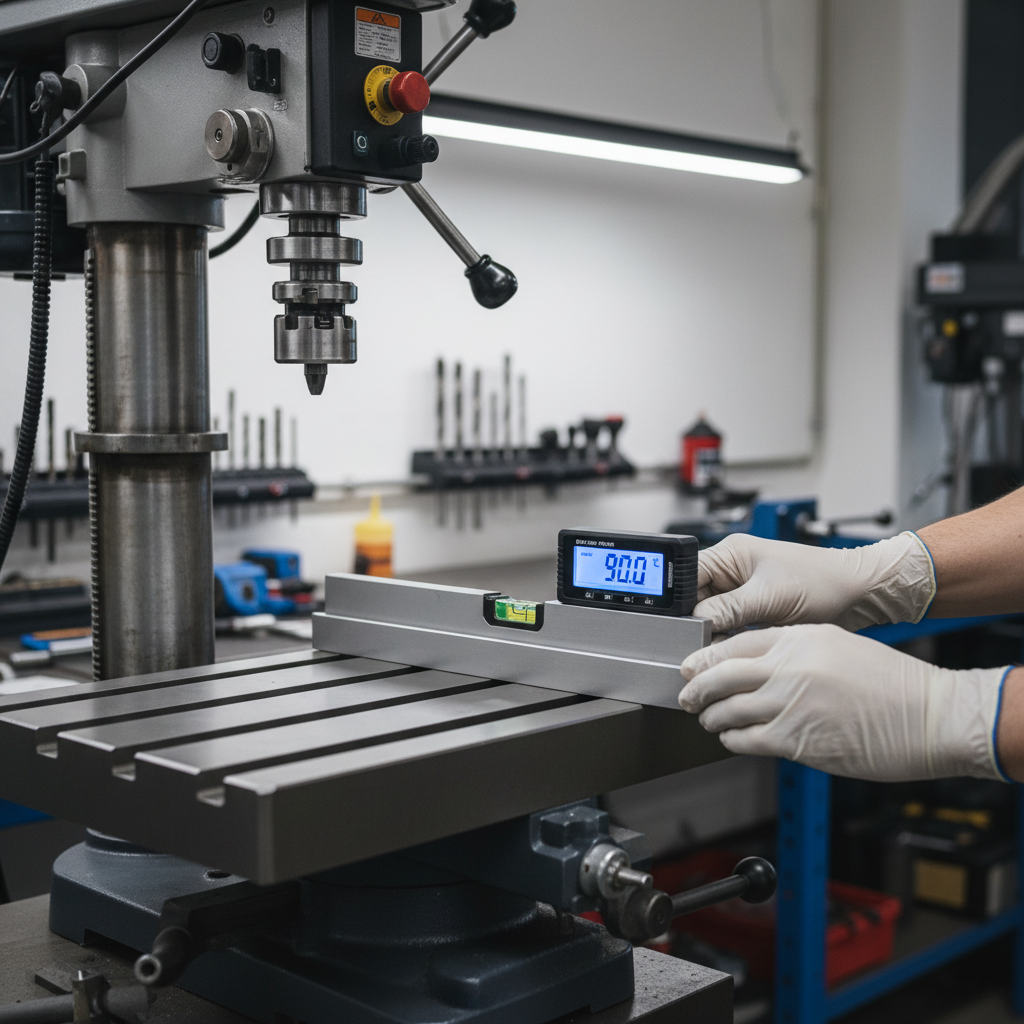 Digital angle gauge level used to set a drill press table square to the bit