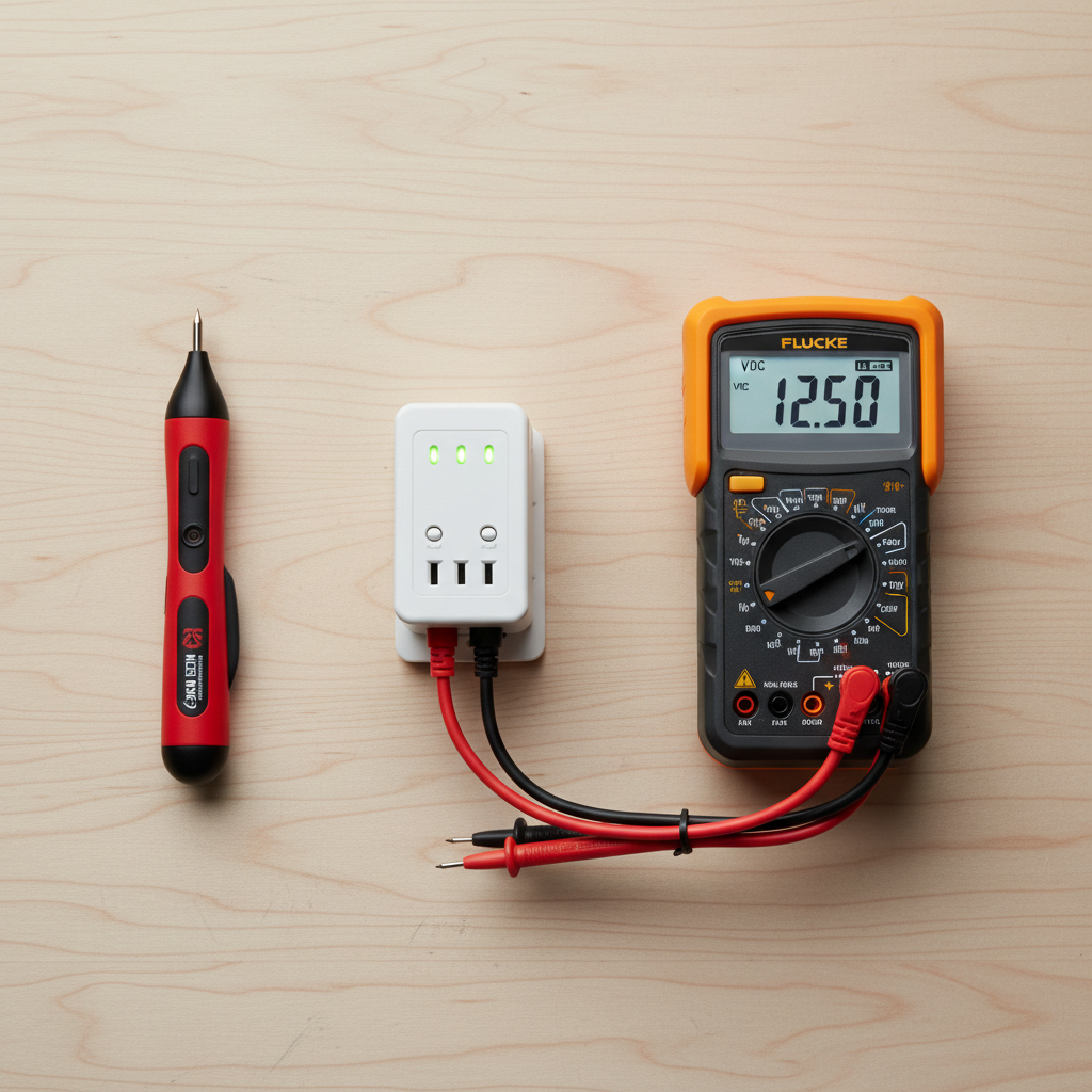 Home electrical testing tools: tester pen, receptacle tester, and multimeter