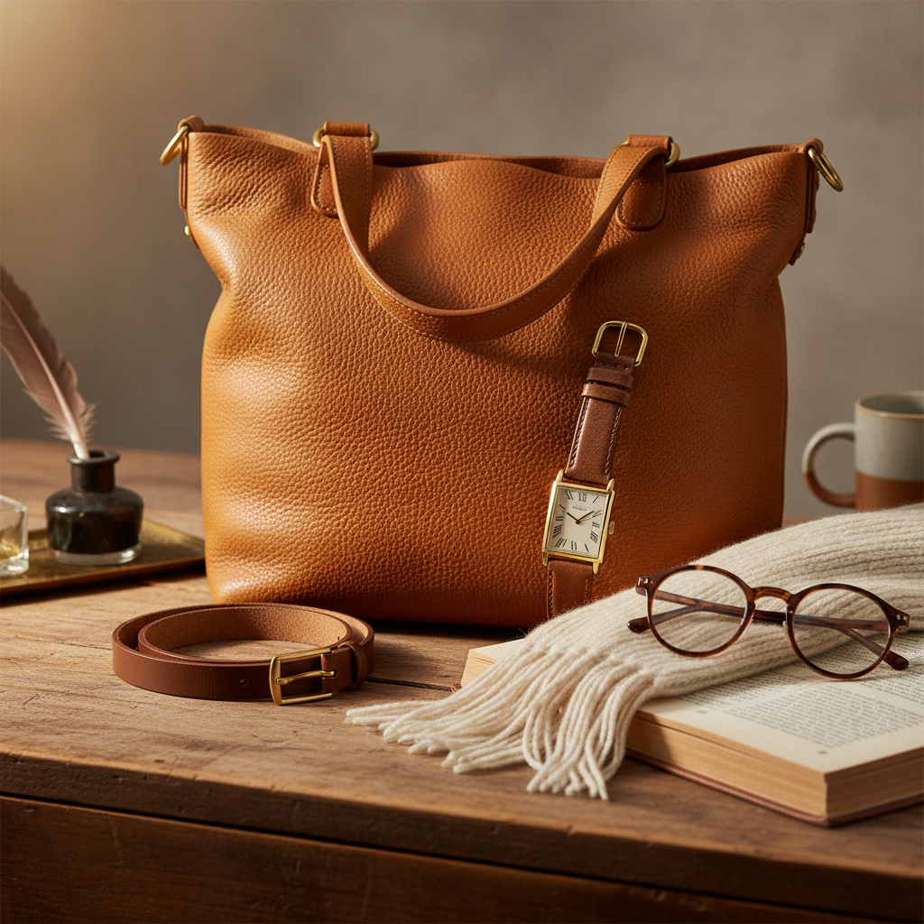 Light academia accessories like leather tote, watch, and minimal jewelry