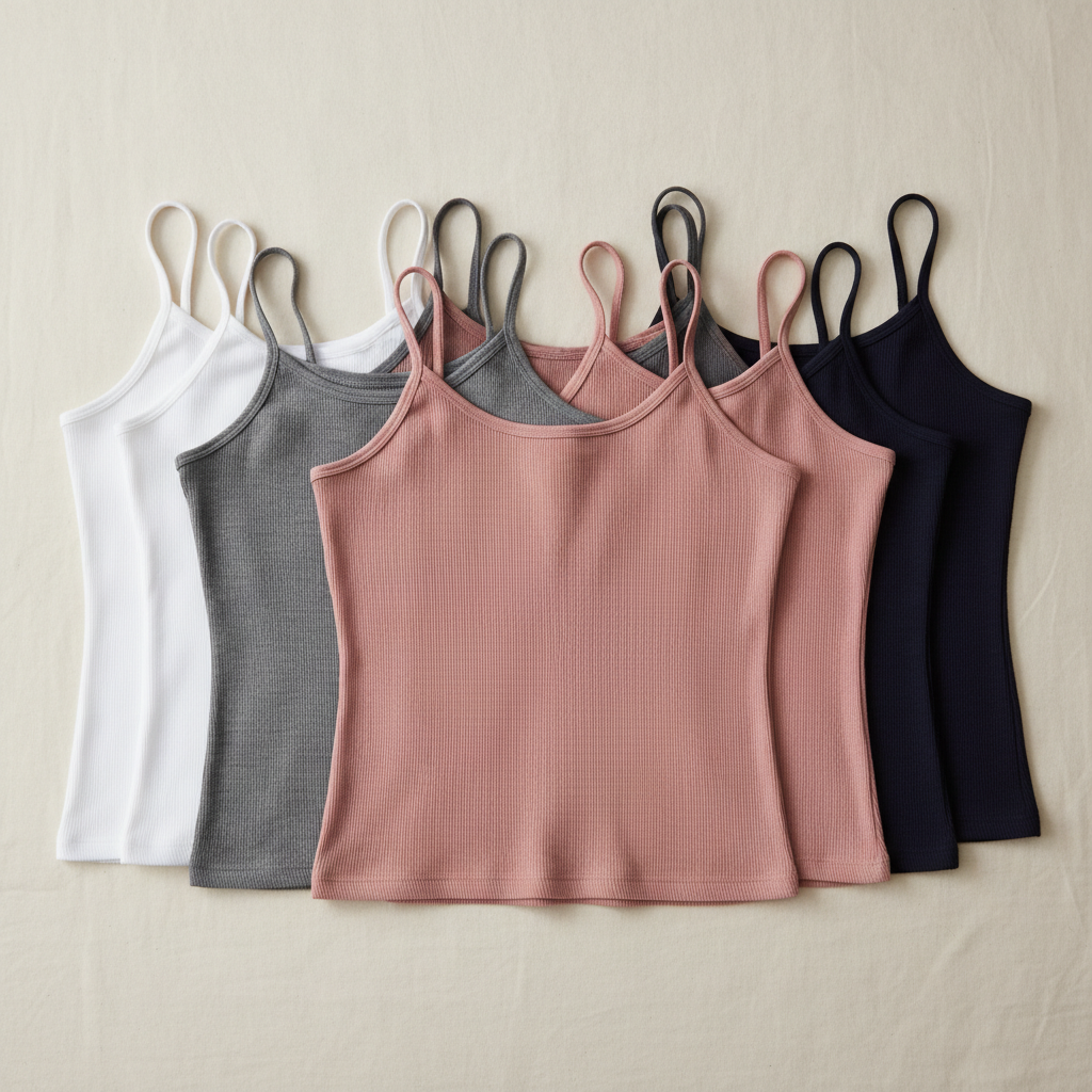 Women basic cami tops in a multipack laid out by color for everyday layering