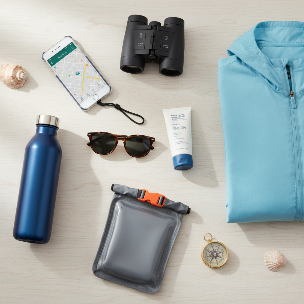 Packing essentials for dolphin watching trip like sunscreen, jacket, binoculars, and water bottle