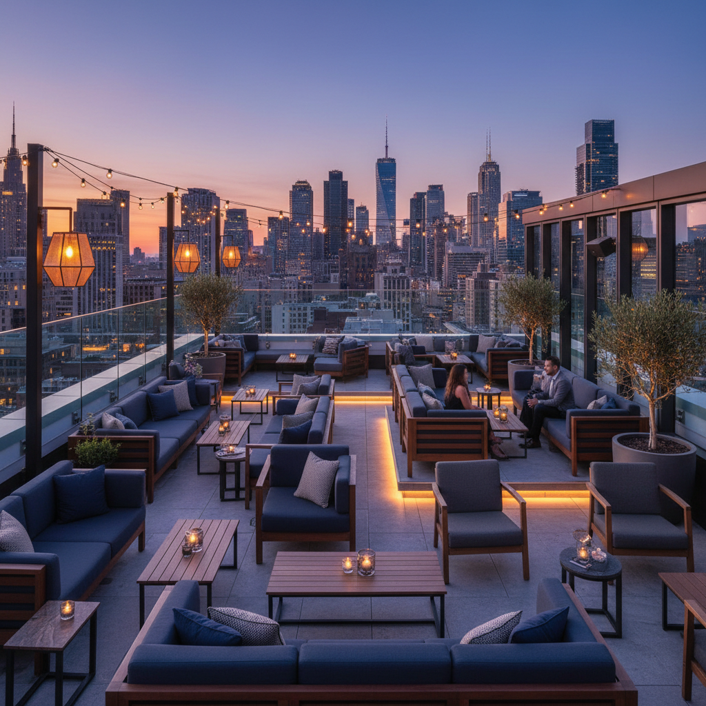 City rooftop bar at twilight with cozy seating and clear skyline view