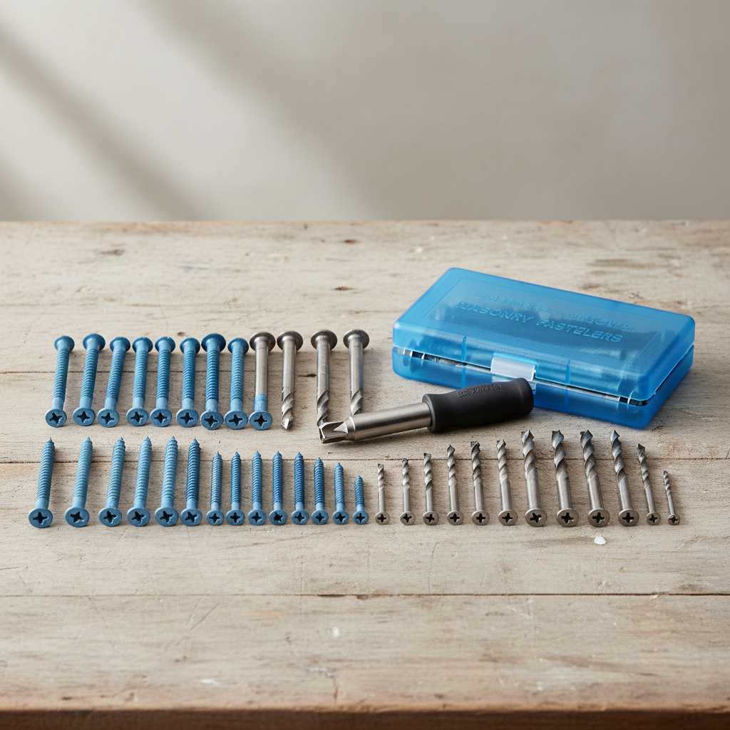 Concrete screw masonry set components laid out with screws, carbide masonry bit, and nut driver