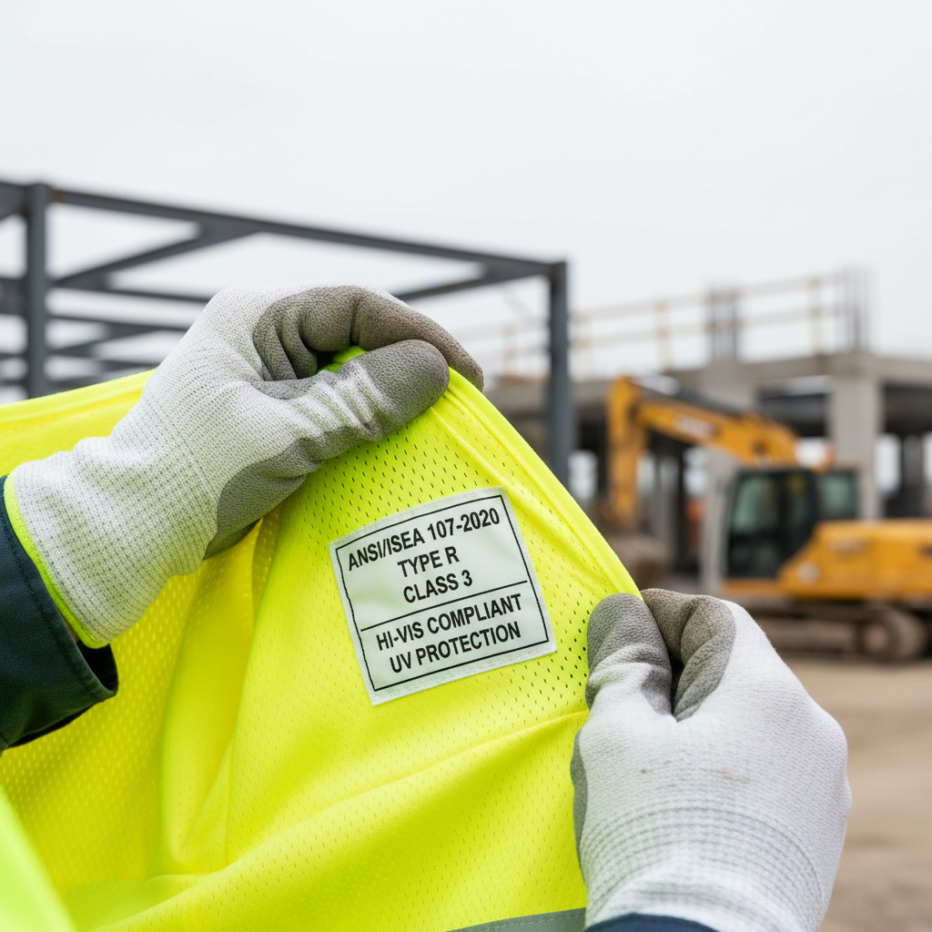 Worker checking ANSI label inside a high visibility safety vest