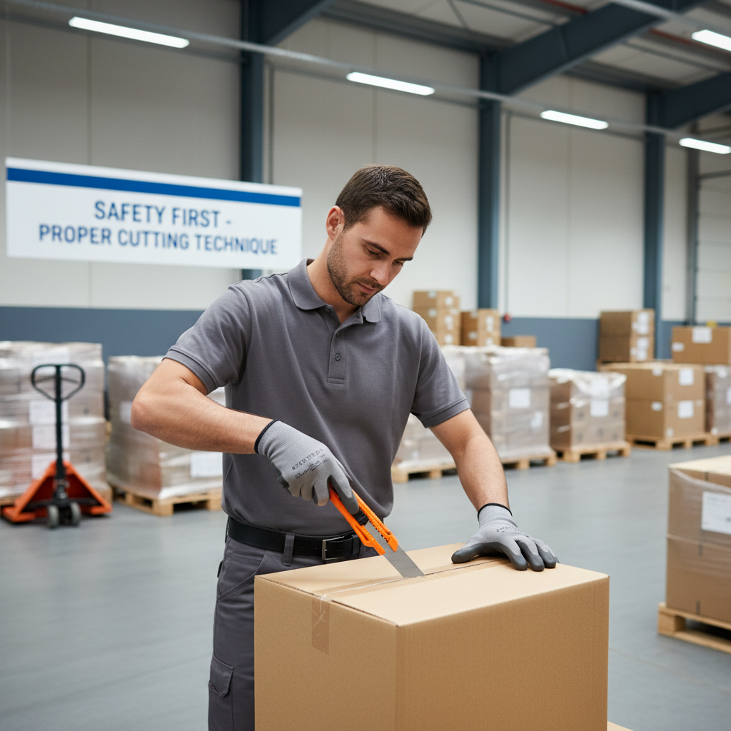Warehouse worker using an auto-retract safety box cutter to open cartons safely