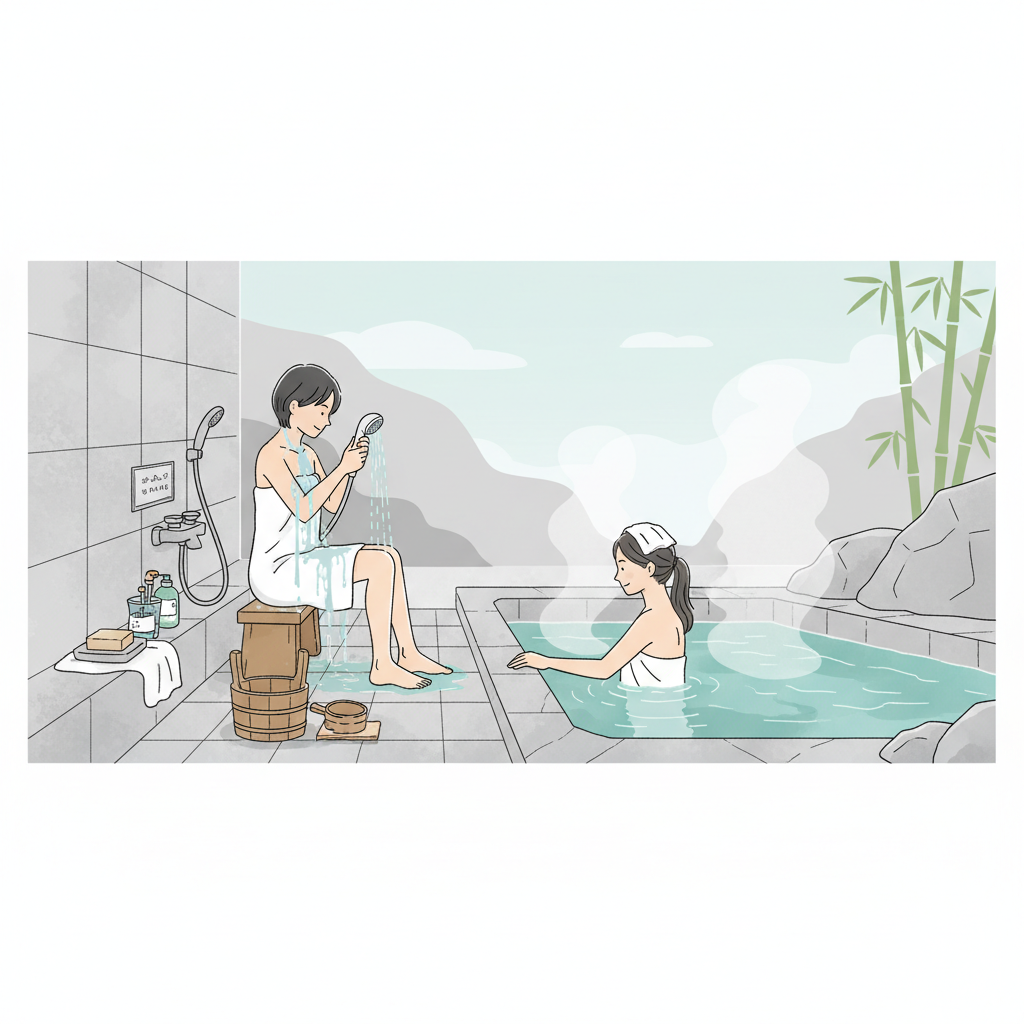 Illustration-style scene of onsen washing stations and proper towel placement