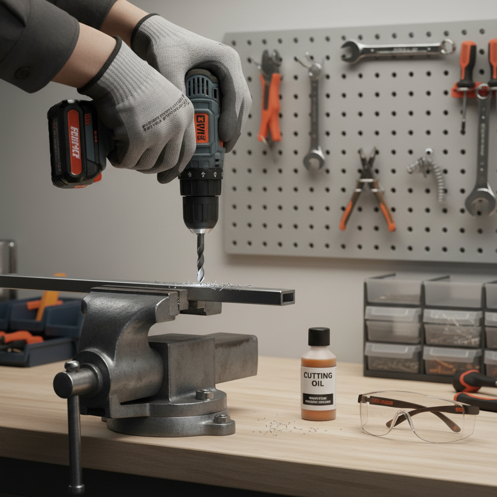 Drilling into metal with center punch and cutting oil safety setup