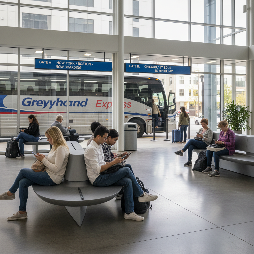 Intercity bus terminal scene with travelers checking tickets and boarding
