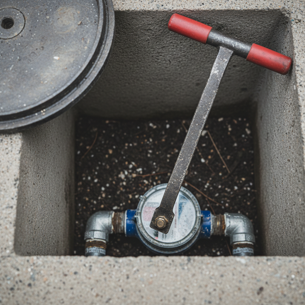 Close-up of a water meter shutoff valve inside a ground box with long-handled key tool