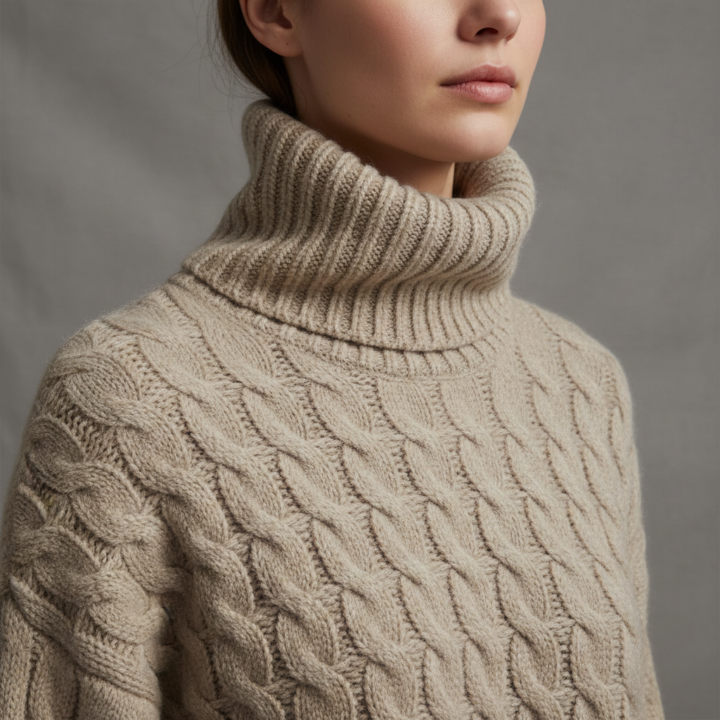 Close-up of turtleneck collar fit and knit texture for comfort and layering