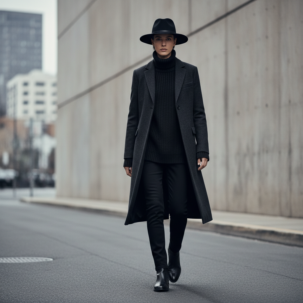 Minimalist fedora outfit with monochrome layers and tailored coat