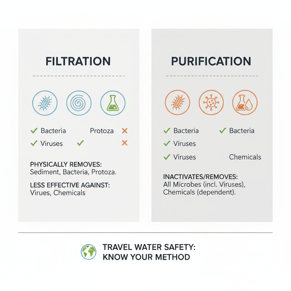 Comparison table concept showing filtration vs purification for travel water safety