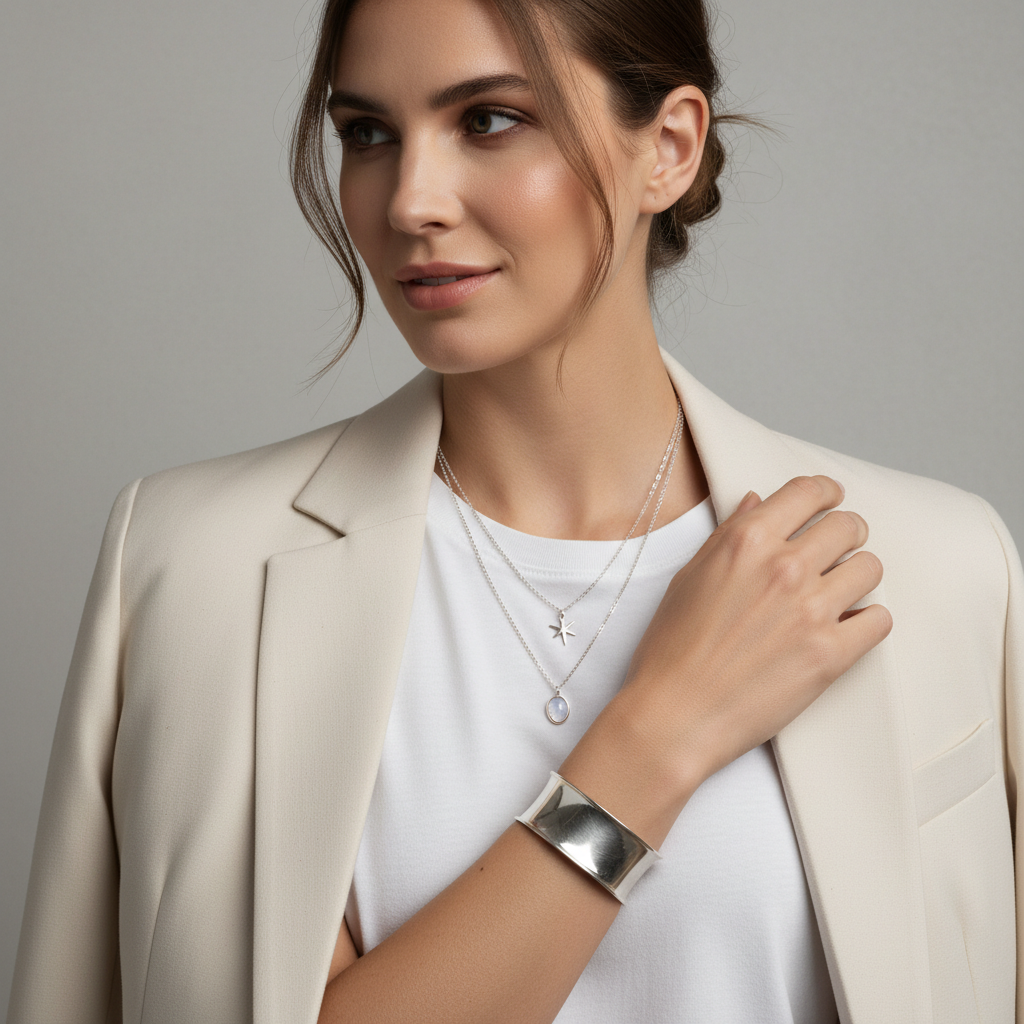Model wearing layered silver chain with a few curated charms and a wide silver cuff