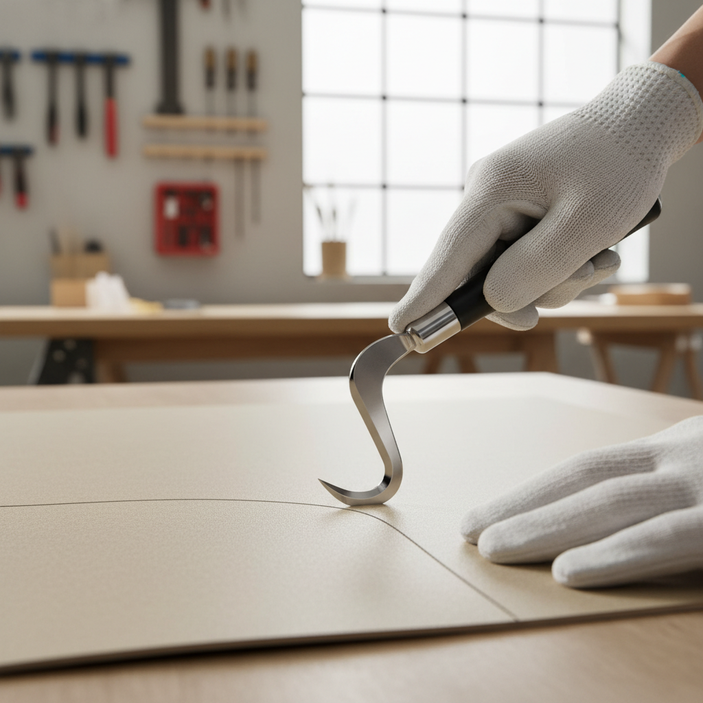 Hook blade linoleum knife cutting a curved line on sheet flooring