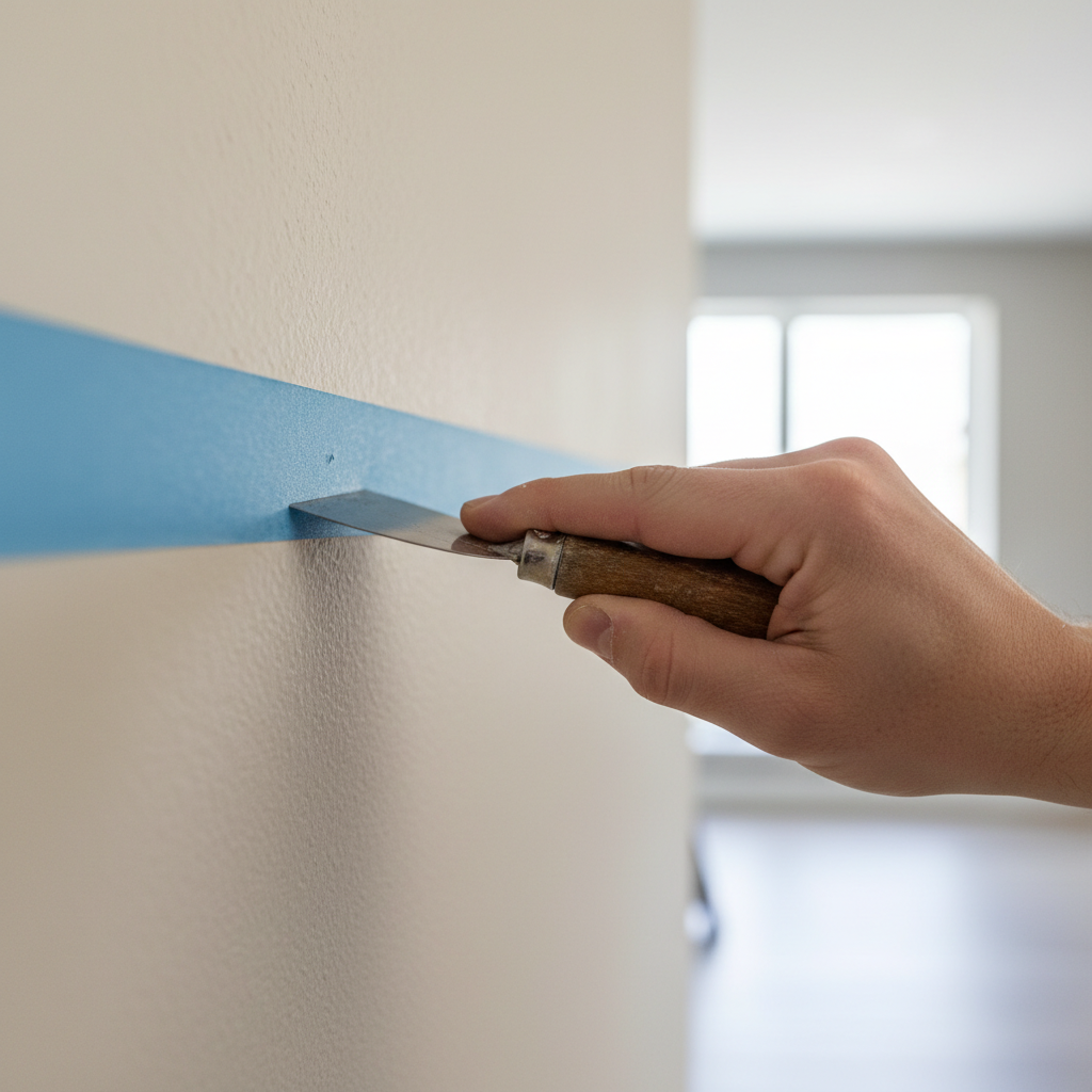 Burnishing painter’s tape edge with a putty knife for crisp paint lines