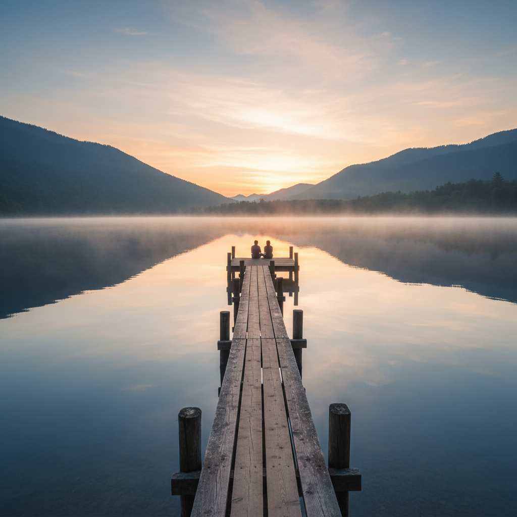Quiet lakeside morning with mist and a wooden dock for relaxation travel