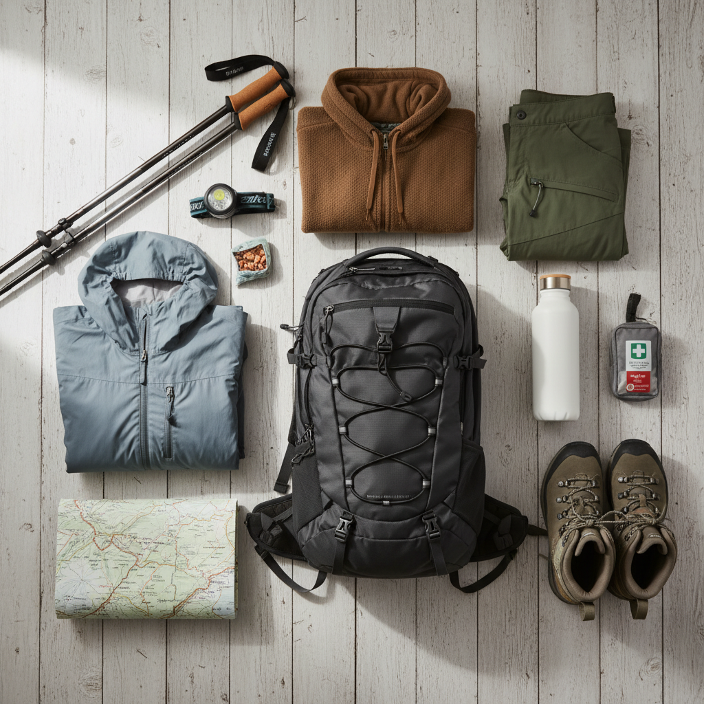 Backpack with layered clothing and rain shell laid out for a forest day hike