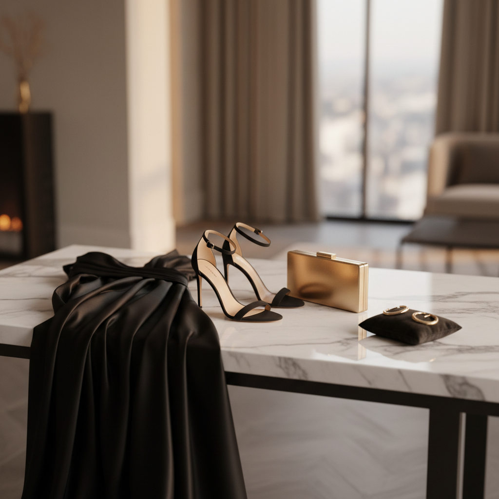 Black tie gown styling with heels, clutch, and minimalist jewelry