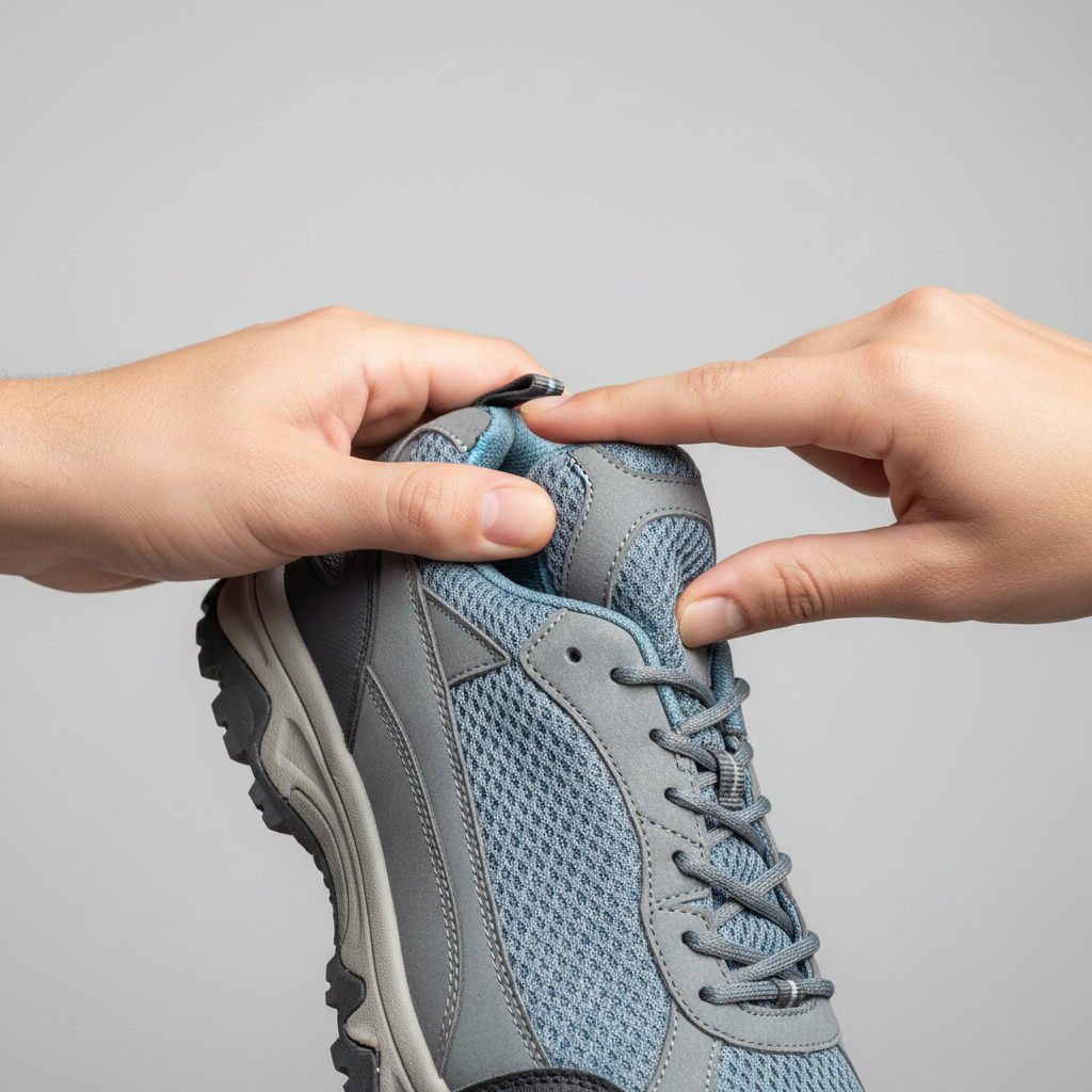 Close-up of shoe fit check showing toe room and heel hold